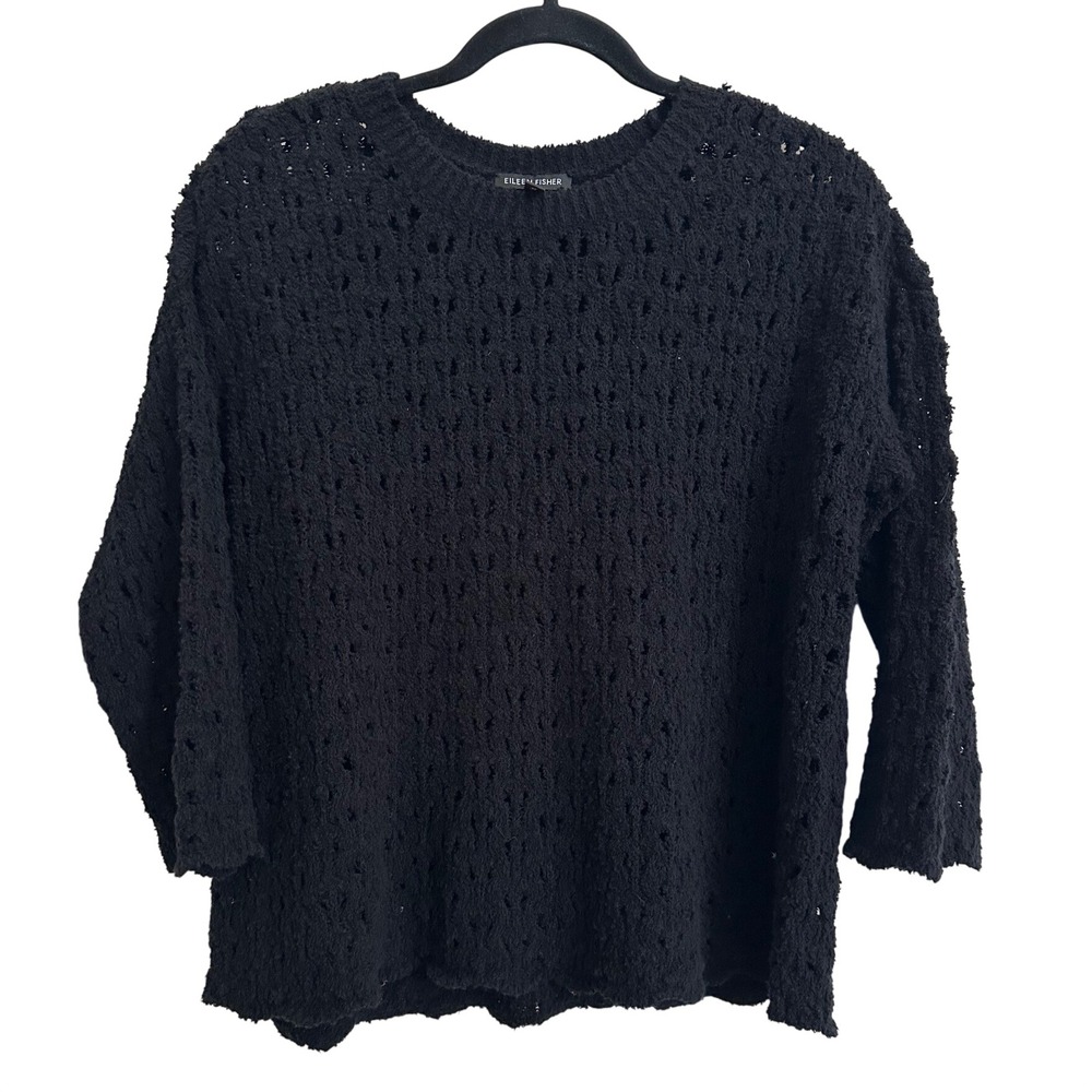 Eileen Fisher Black Cotton Fluff Textured Crew Neck Boxy Sweater Scallop XXS